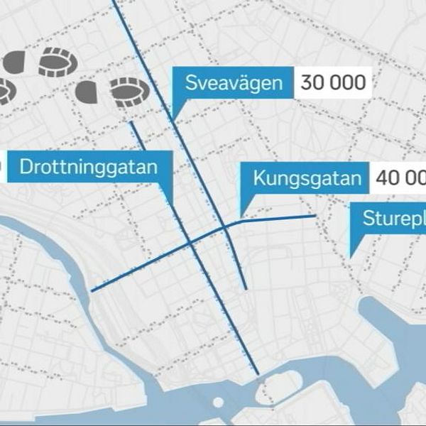 Karta över gångflödena på några av Stockholms gator.