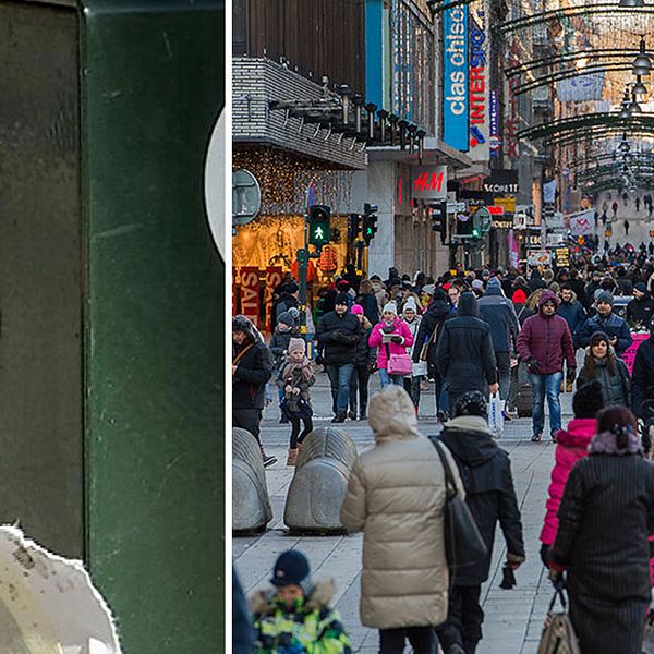 Sensor och folk som går på Drottninggatan i Stockholm