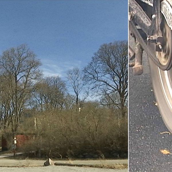 delad bild, till vänster träd med små röda hus och en grusväg, till höger ett mopedhjul
