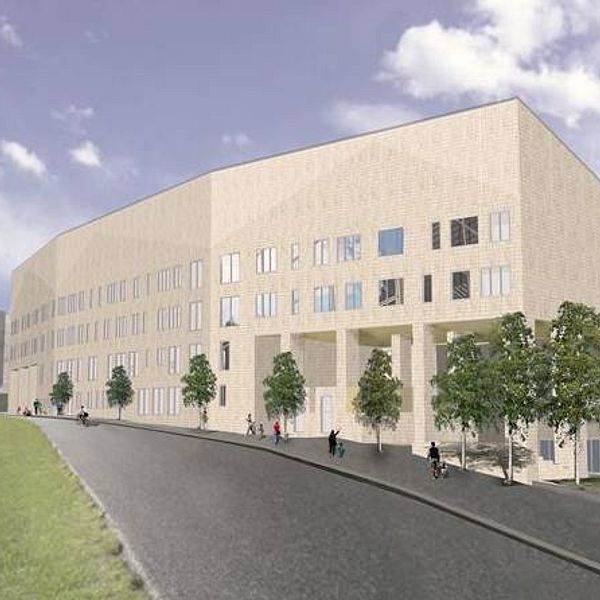 Arkitektbild på nya Sjöviksskolan i Årstadal. Beige tegelfasad med bruten välvd utformning. Fyra våningar hög och ligger i backe.