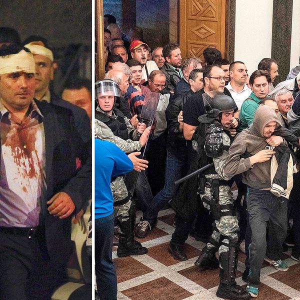 Socialdemokraternas ledare i Makedonien, Zoran Zaev, skadades när nationalistiska demonstranter tog sig in i parlamentet och gick till attack.