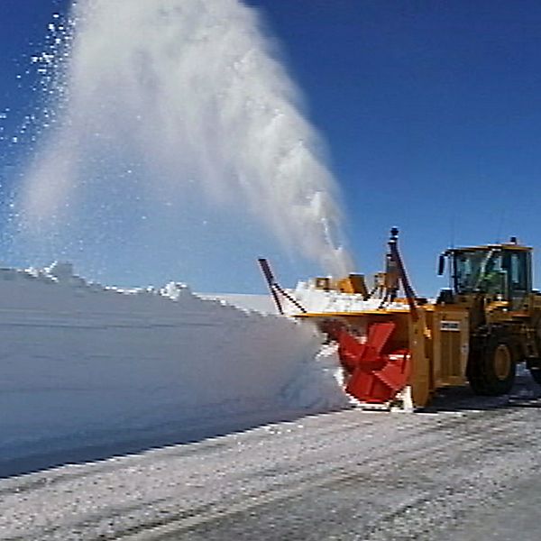 traktor med enorm snöslunga plogar fram vägen i Stekenjokk