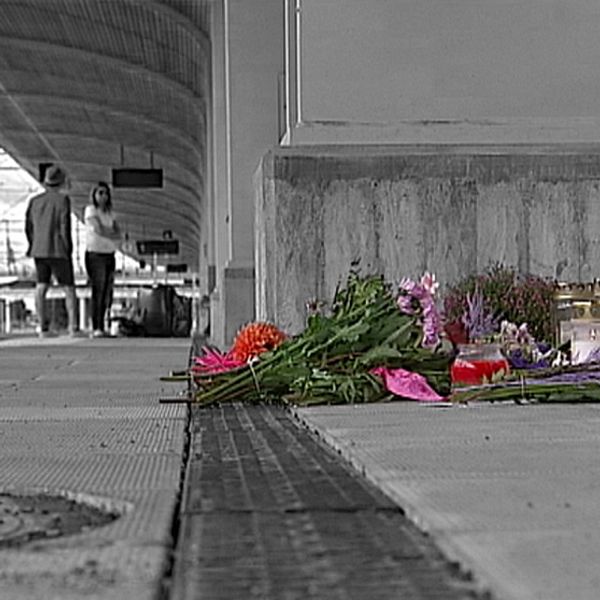 fotomontage, blommor på perrongen
