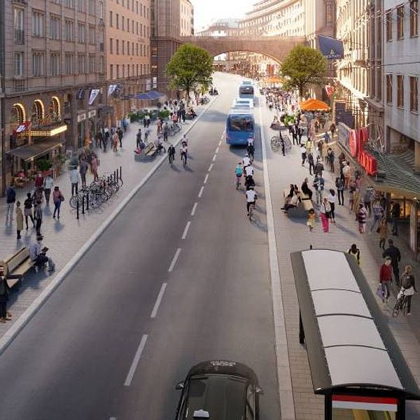 Illustration över Kungsgatan med gångväg, cykelväg och enbart kollektivtrafik