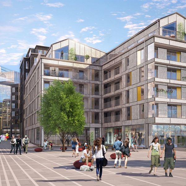 Förslag på nytt bostadshus (kvarter 2), vy från Kvarterstorget