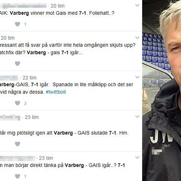 skärmdump från kommentarer på twitter där Varbergs storseger mot Gais misstänks för matchfix och Jörgen Wålemark