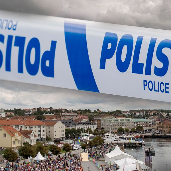 Översiktsbild av Strömstad och avspärrningsband från polis