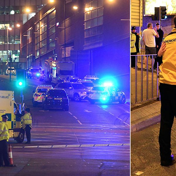 Bild på ambulanser och polisbilar med blinkande blåljus. På bilden intill kramar ledsna människor om varandra utanför arenan där dådet inträffade.
