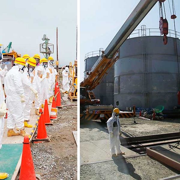 Personal i skyddskläder övervakar arbetet med att bygga en barriär som ska stoppa läckan av radioaktivt vatten vi d Fukushima.