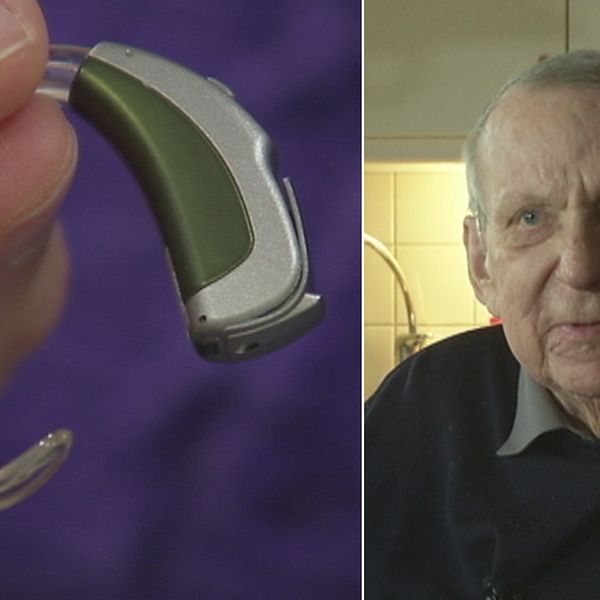 Närbild på hörselapparat till vänster. Lennart Assarsson, patient, till höger. Bilden är ett montage.