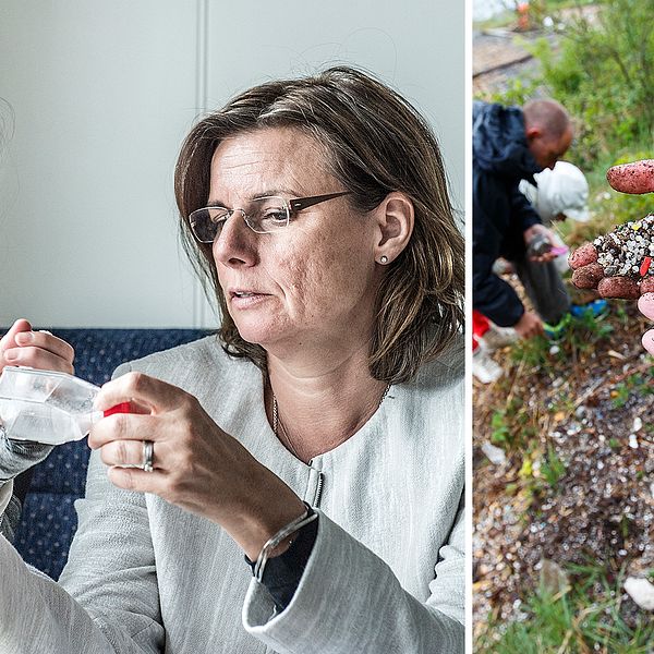 Miljöminister Karolina Skog (MP) och klimatminister Isabella Lövin (MP) tittar på behållare med mikroplaster.