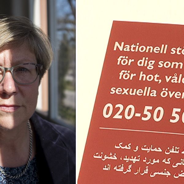 Bilden visar Åsa Witkowski som är verksamhetschef för den nationella Kvinnofridslinjen. Till höger syns en bild på numret till stödlinjen.