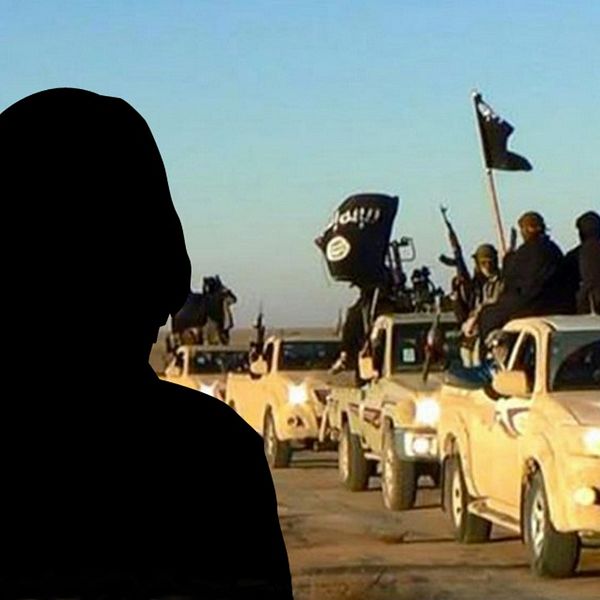 anonym silhuett av person, över bild av IS-krigare i bilkaravan