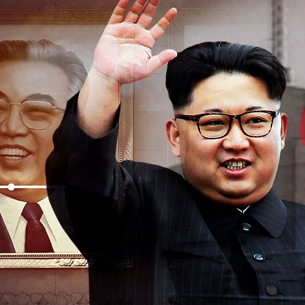 Montage: Kim Jong Un vinkar. Norkoreanskt kärnkraftverk i bakgrunden.