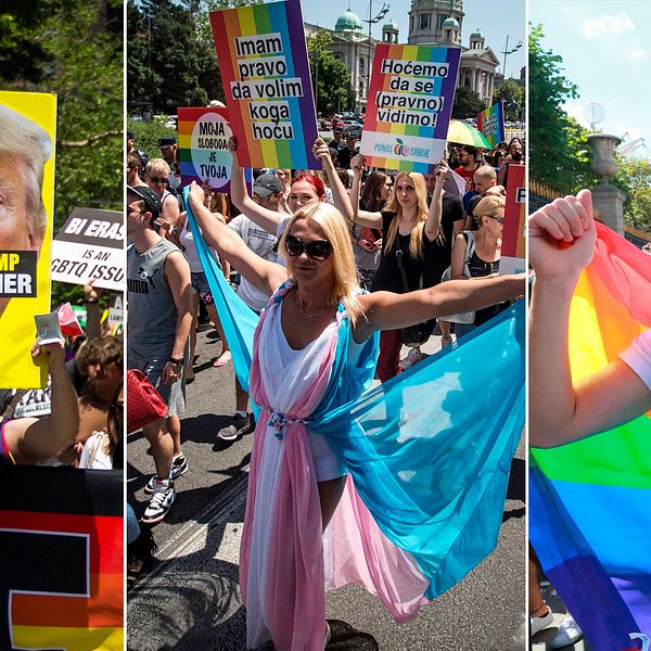 Ögonblicksbilder ut Pride-firande i New York, Belgrad och Paris i helgen.