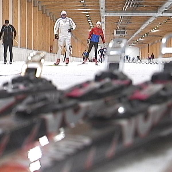 Skidor på backen i förgrunden och människor som åker skidor i bakgrunden.