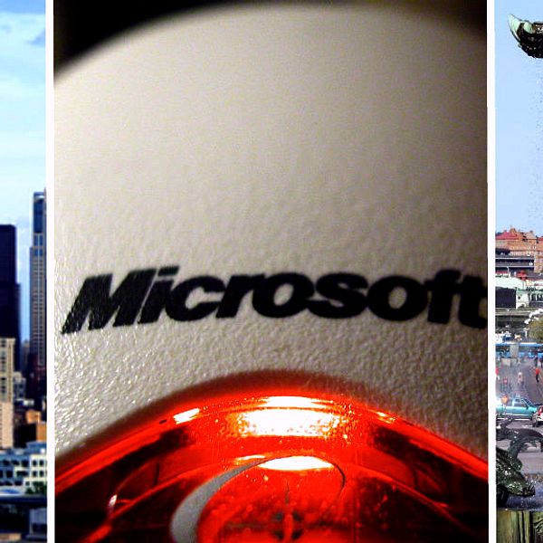 Bild på Seattles skyline, en mus från Microsoft och Poseidonstatyn i Göteborg.