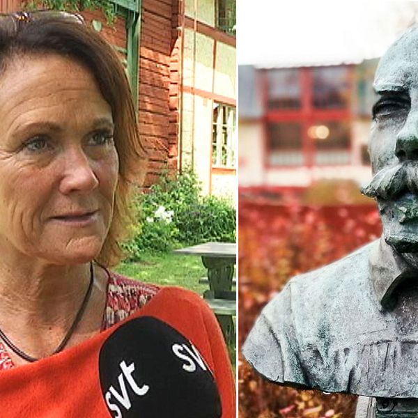 Chia Jonsson bredvid en staty på Carl-Larsson.