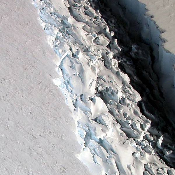 Sprickan i isen på den del av Antarktis som kallas Larsen C, fotad av Nasa i november 2016. Nasas forskare mätte då att sprickan var drygt 11,3 mil lång.