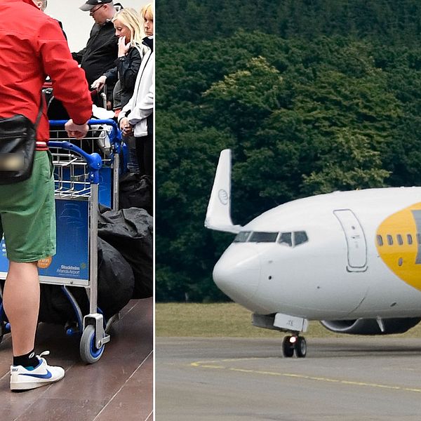 Väntande resenärer på Arlanda samt ett Primera Air-flygplan.