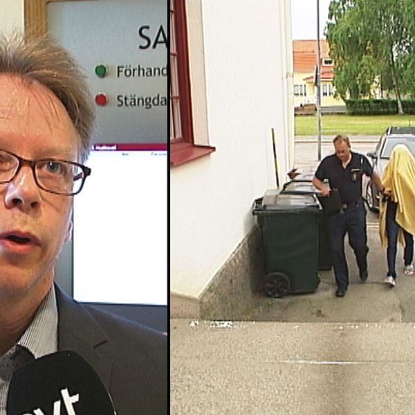 en man med glasögon intervjuas, en person under filt förs in mot tingshuset.