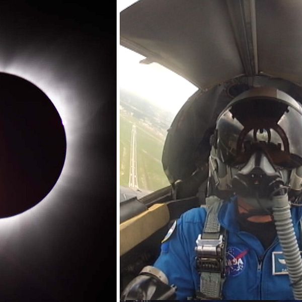 Bild på solförmörkelse och bild på pilot i jetflygplan.