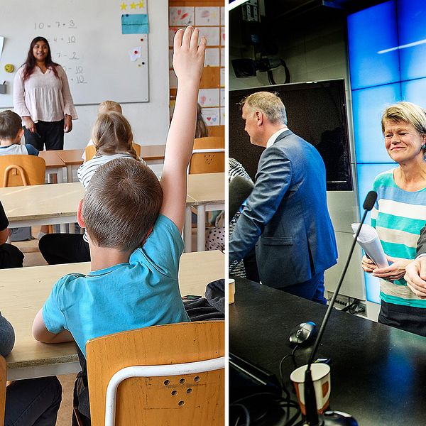 En pojke räcker upp handen i ett klassrum, samt statsminister Stefan Löfven (S) och Ulla Andersson (V).