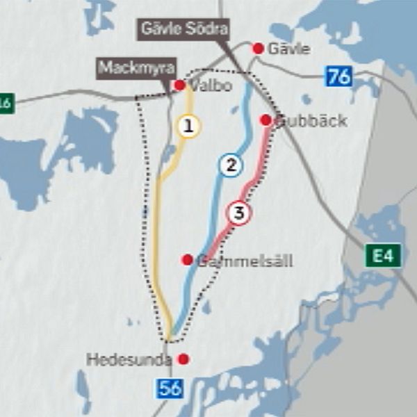 På bilden syns en karta över de vägar Trafikverket vill bygga om i länet: väg 56 är en av dem.