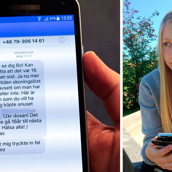 En mobil med ett sms innehållande snusreklam till vänster. Till höger en bild på 13-åriga My från Umeå som håller i sin mobil.