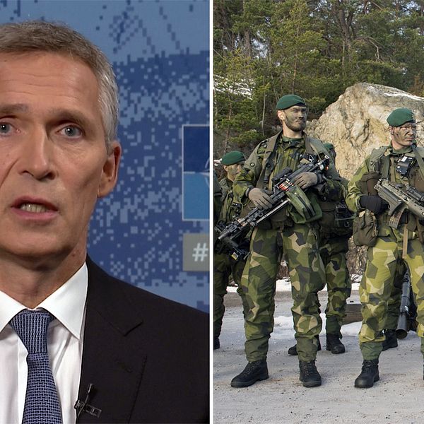 Till vänster bild från tv-intervju med Jens Stoltenberg framför en blåspräcklig skärm. Till höger arkivbild på svensk militär. Tre personer står i gröna kamouflagekläder med gröna baskrar och grön färg i ansiktet.