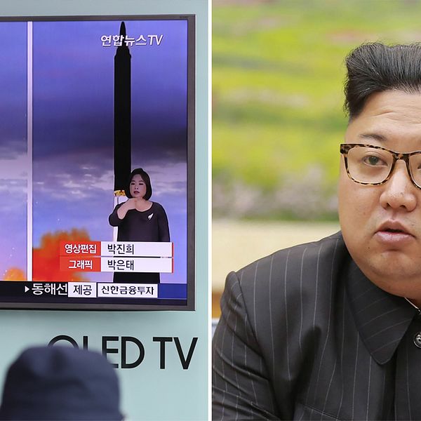 Till vänster tv-skärm visar nordkoreansk tv-sändning med två bilder som visar en missil som avfyras. Till höger en bild på Nordkoreas ledare Kim Jong-un.