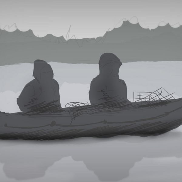 En tecknad bild med två personer i en båt som fiskar.