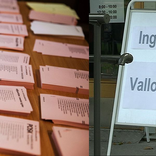 Ett bord med valsedlar till kyrkovalet och till vänster en skylt med texten ”ingång vallokal”