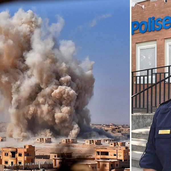 Rök från en explosion i Syrien och polisen Fredrik Malm.