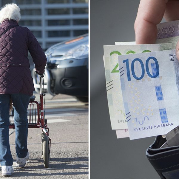 Till vänster en pensionär som går med rullator. Till höger en plånbok med sedlar.