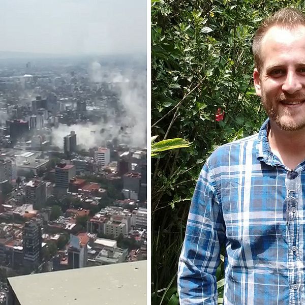 En vy över Mexico City med rökmoln och en bild på Daniel John Palm.