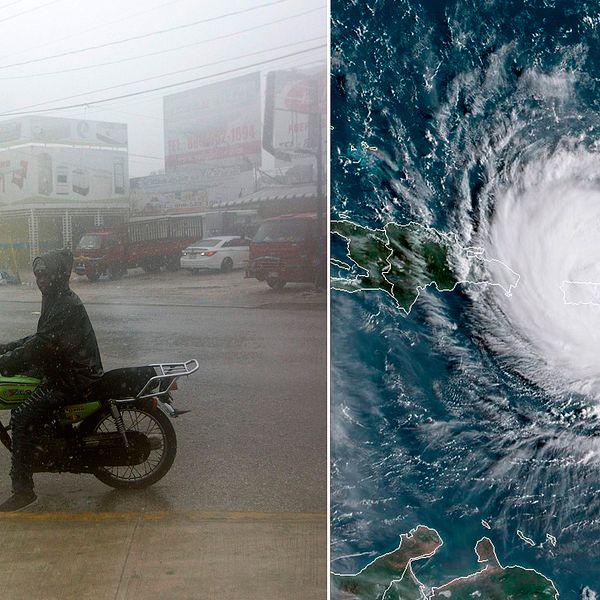 En man på motorcykel längs en översvämmad gata i dominikanska Punta Cana, samt en satelitbild av orkanen Maria över Puerto Rico