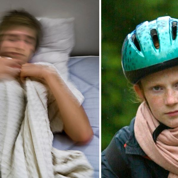 Ung man i säng och flicka med cykelhjälm
