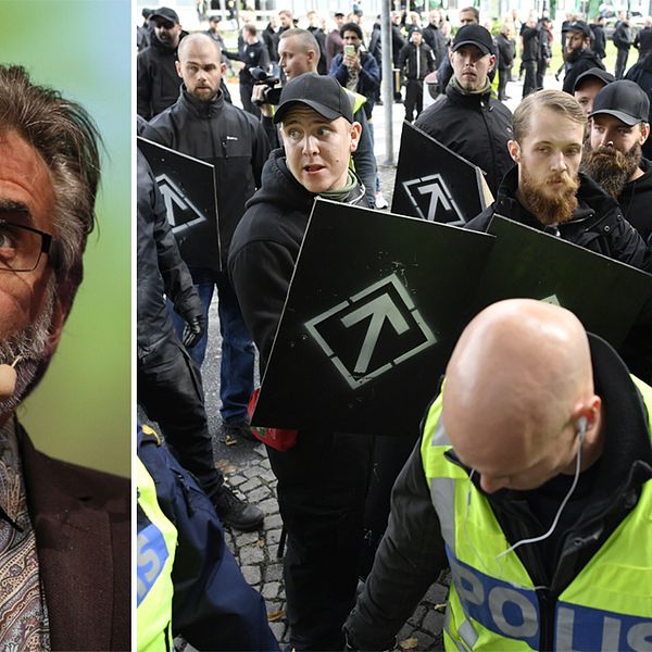 Till vänster en bild av Christer Mattsson. Till höger flera män i svarta kläder, svara kepsar och med sköldar med nordiska symbol på. I förgrunden ses en civilklädd polis i en reflexväst med texten ”polis”.