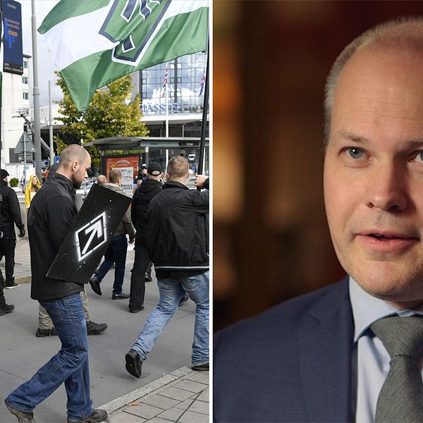 Till vänster Nordiska motståndsrörelsen demonstrerar i Göteborg. Till höger Morgan Johansson.