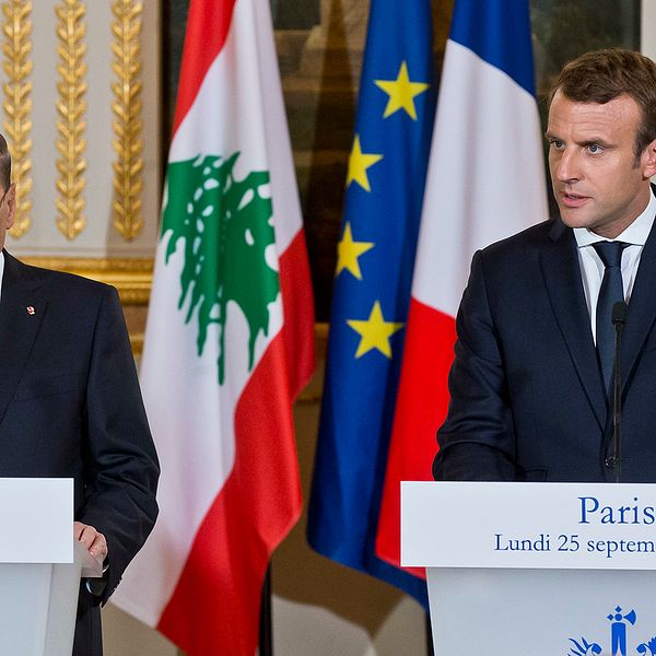 Den libanesiska presidenten Michel Aoun med sin franske kollega Emmanuel Macron.