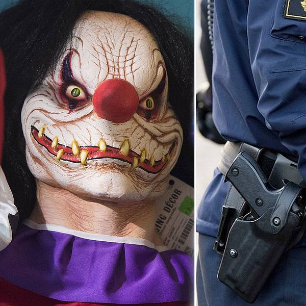 En läskig clownmask och en polisuniform.