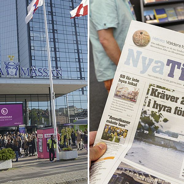 Bild på Svenska Mässas entré i Göteborg. Bild på tidningen Nya Tider.