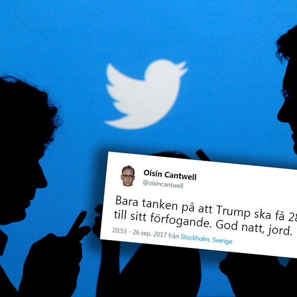 I förgrunden en skärmdump från Oisín Cantwells Twitter-konto. Bakgrunden tre silhuetter som som står och tittar på sina telefoner, bakom dem ses en blå vägg med twitters logga på.