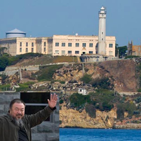 Den kinesiske konstnären Ai Weiwei på väg till Alcatraz. Bilden är ett montage.