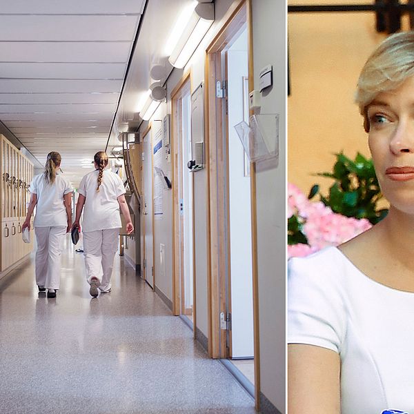 Sjukvårdspersonal i en korridor samt socialminister Annika Strandhäll