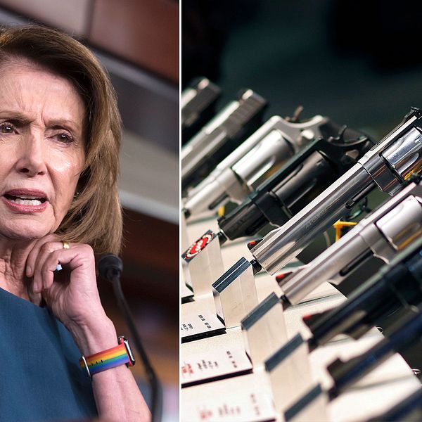 Nancy Pelosi och en hand som prövar olika skjutvapen