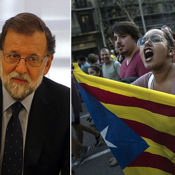 Spaniens premiärminister Mariano Rajoy och en person som håller i Kataloniens självständighetsflagga