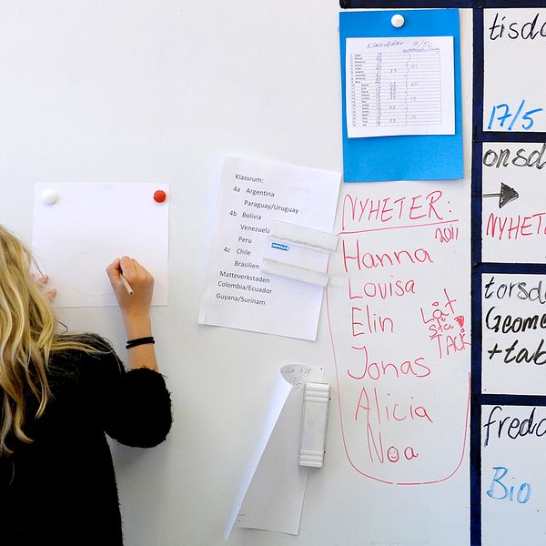 En elev redovisar ett skolarbete vid en whiteboardtavla i ett klassrum. ARKIV.