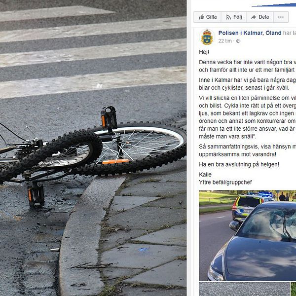 Cykel på övergångsställe och skärmdump från polisens Facebook-sida